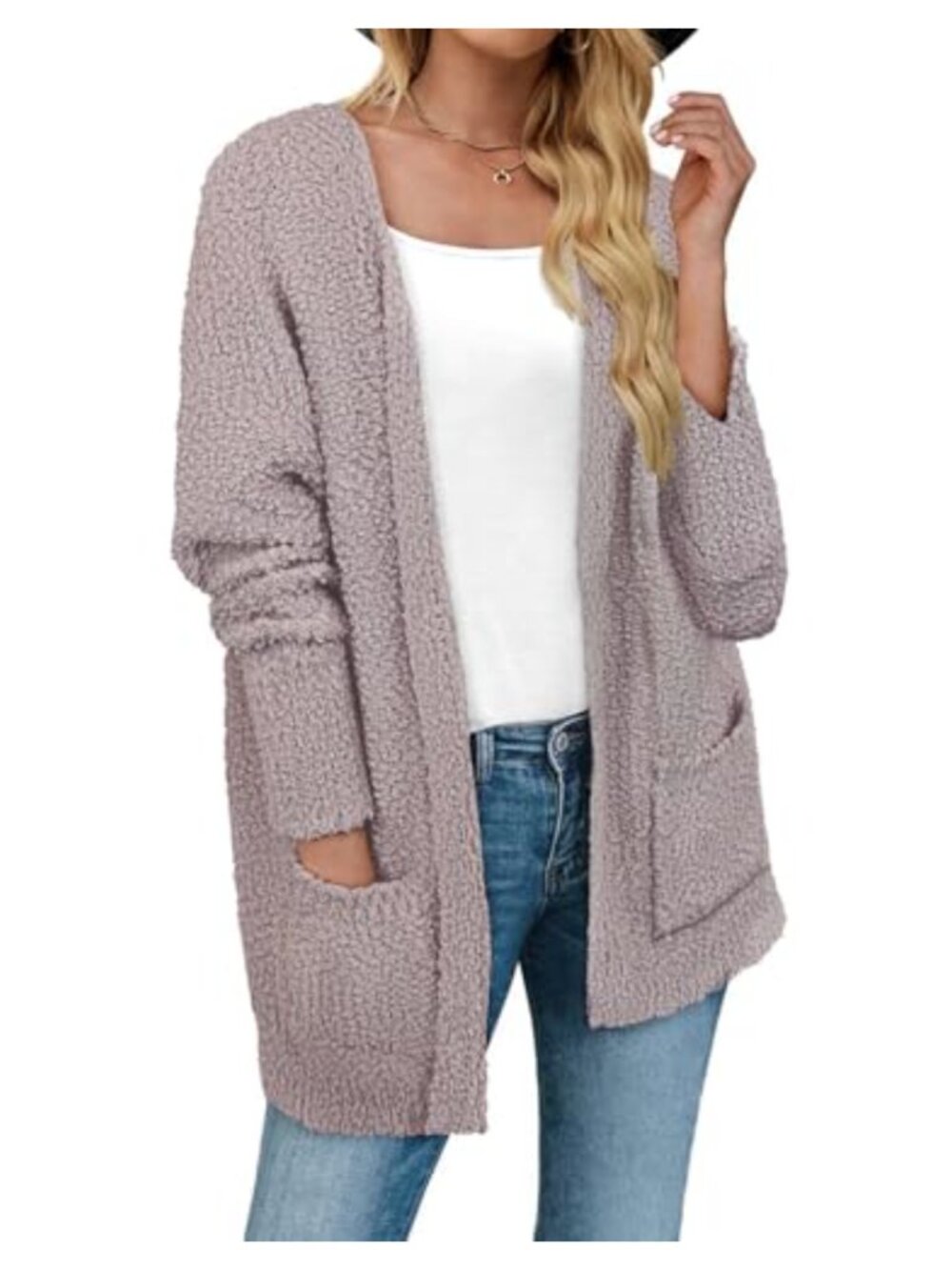 Open Front Popcorn Knit Cardigan Sweater with Pockets Cozy Winter Layer